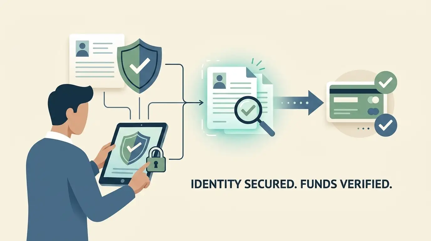 Editorial illustration of identity verification connected to an online withdrawal