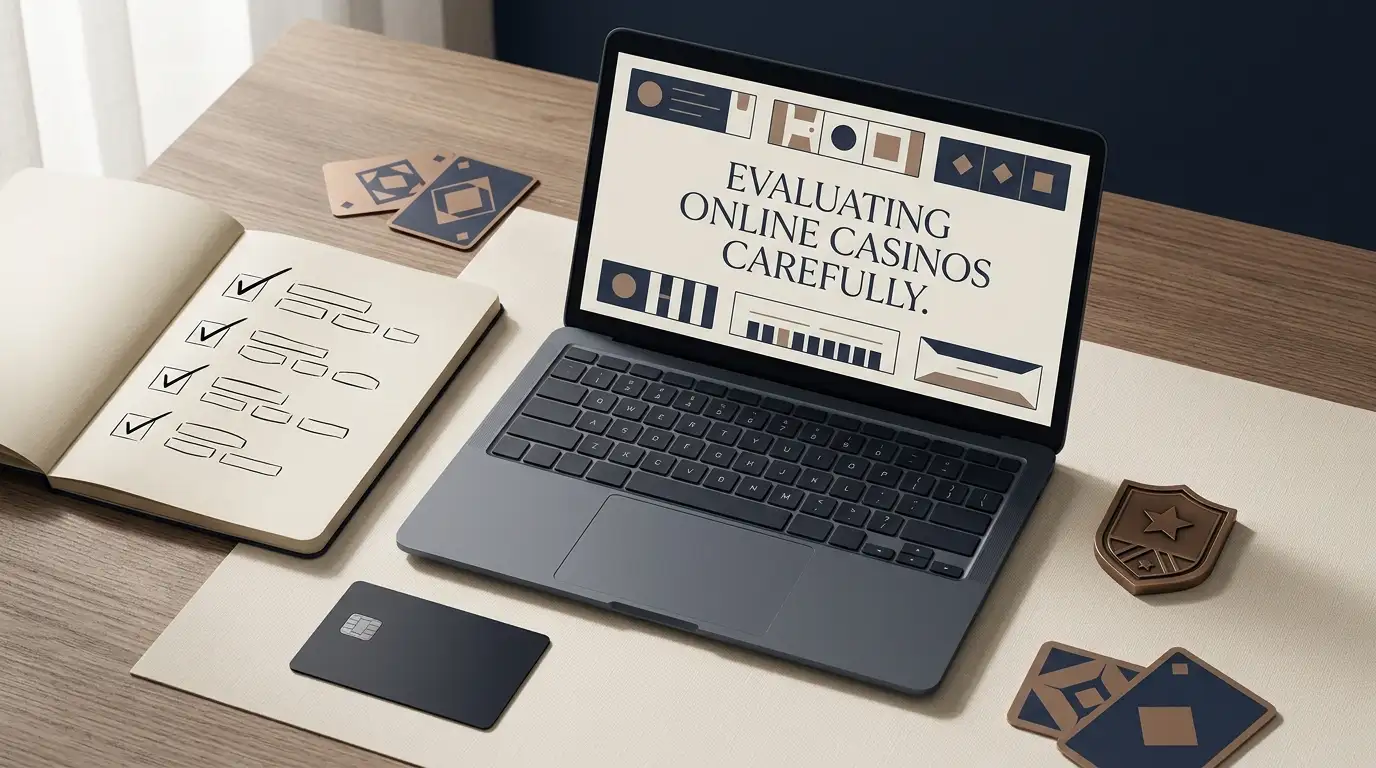 Editorial illustration of a careful online casino review with game, payment and verification symbols