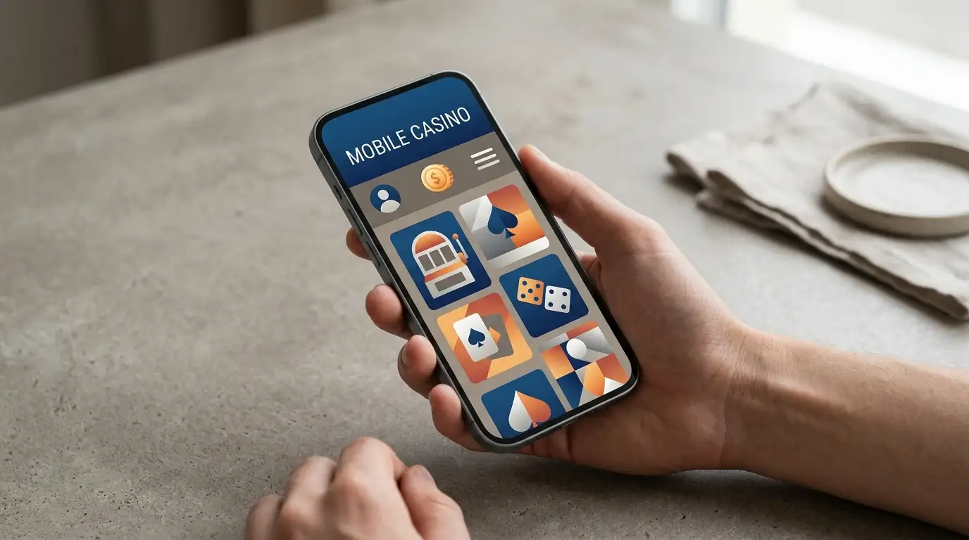 Generic smartphone showing an abstract mobile casino interface with no brand logos or real game artwork
